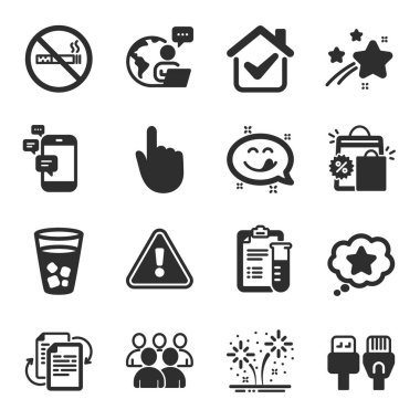 Bilgisayar kablosu, grup, alışveriş torbası sembolleri gibi iş simgeleri. Tıbbi analizler, havai fişekler, bürokrasi işaretleri. Sadakat yıldızı, sigara içilmez, tatlı bir gülümseme. Buzlu çay, el şaklaması. Vektör