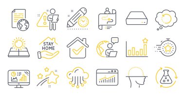 Seyahat yolu, yüz taraması, web sitesi istatistik sembolleri gibi bir dizi bilim simgesi. Analitik grafik, Kurtarma verileri, zamanlayıcı işaretleri. Kimya deneyi, Mini PC, Etkinlik. Güneş enerjisi. Vektör