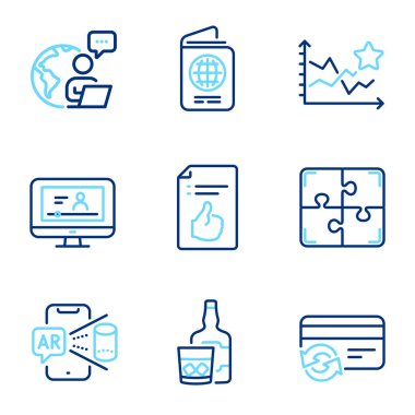 İş simgeleri ayarlandı. Artırılmış gerçeklik simgesi, Bulmaca, Yıldızlar Sıralaması işaretleri. Onaylanmış belge, pasaport, cam viski sembolleri. Çevrimiçi video, kart satırı simgelerini değiştir. Satır simgeleri ayarlandı. Vektör