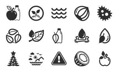 Dalgalar, Apple ve Startup simgeleri basit. Su damlası, deniz dağları ve su sıçrama işaretleri. Yaprak çiğ, fındık ve Noel ağacı sembolleri. Bakteri, hindistan cevizi ve yapraklar. Çevre yemeği. Vektör