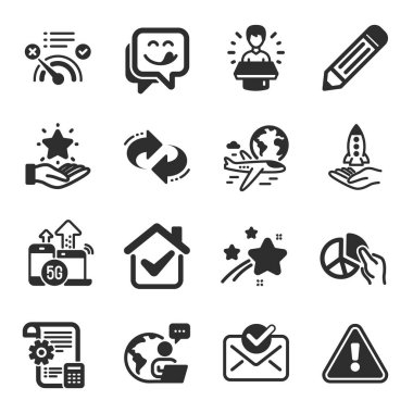 5g internet, ayarlar planı, kalem sembolleri gibi bir dizi teknoloji simgesi. Kitle fonlama, onaylı posta, internet işareti yok. Pasta grafiği, Refresh, marka elçisi. Uluslararası uçuş. Vektör