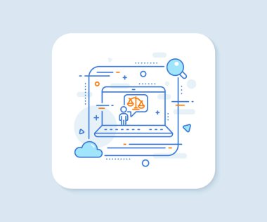 Avukat hattı ikonu. Soyut vektör düğmesi. Mahkeme hakimi imzası. Adalet ölçeği sembolü. Avukat hattı ikonu. Laptop konsept rozeti. Vektör