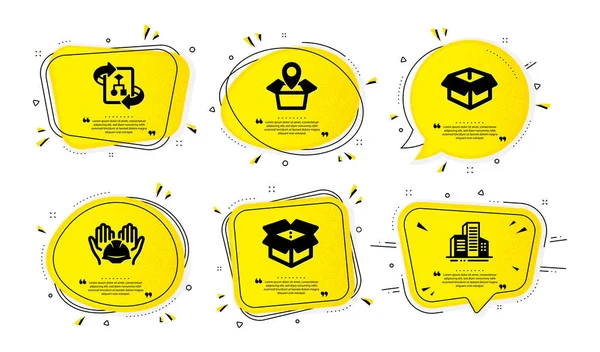 Paketstandort Bauherren Vereinigung Und Geöffnete Box Symbole Einfach Gesetzt Gelbe — Stockvektor
