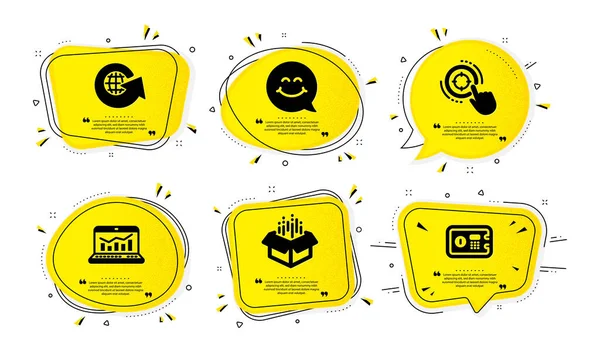 Сео Мішень Посмішка Обличчя Всесвітній Глобус Значки Простий Набір Жовті — стоковий вектор