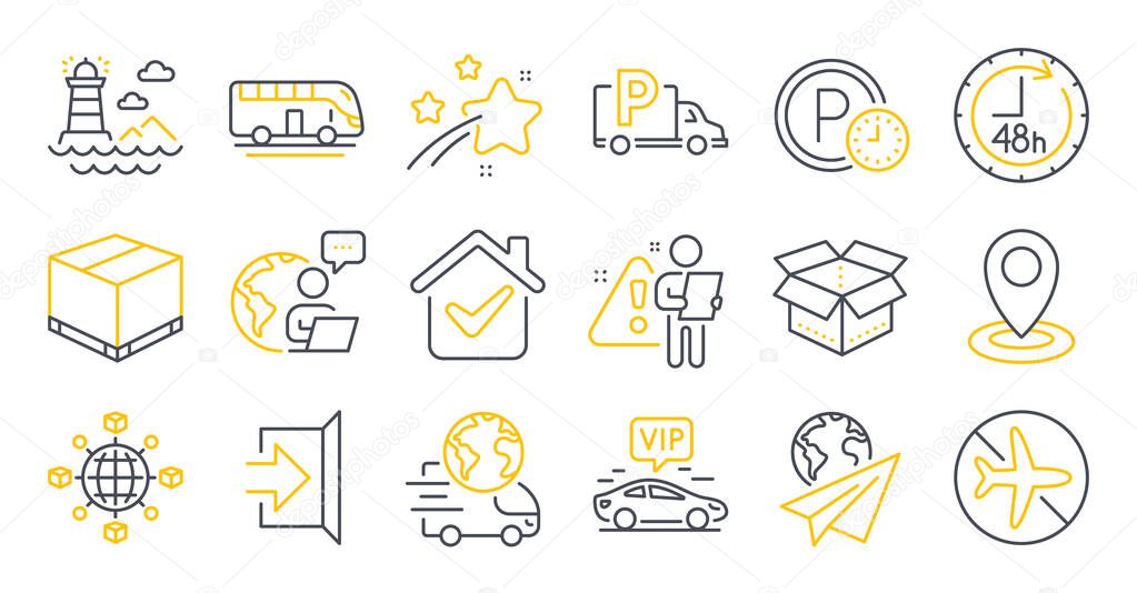 Set of Transportation icons, such as Delivery box, Logistics network, Lighthouse symbols. 48 hours, Parking time, Flight mode signs. Location, Bus tour, Paper plane. Delivery service, Exit. Vector