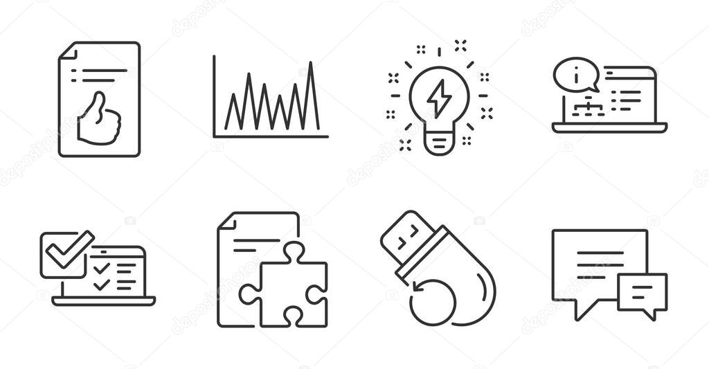Flash memory, Line graph and Online documentation line icons set. Online survey, Inspiration and Strategy signs. Approved document, Comment symbols. Quality line icons. Flash memory badge. Vector
