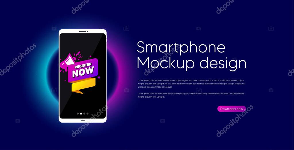Download Register Now Paper Banner Mobile Phone Vector Mockup Free Registration Tag Megaphone Message Icon Smartphone Mockup Template Register Now Banner Phone Screen Frame Neon Background Vector Premium Vector In Adobe Illustrator
