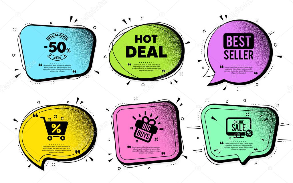 Hot deal. Speech bubble with dotwork vector. Special offer price sign. Advertising discounts symbol. Quote speech bubble. Best seller, shop cart icons. Vector
