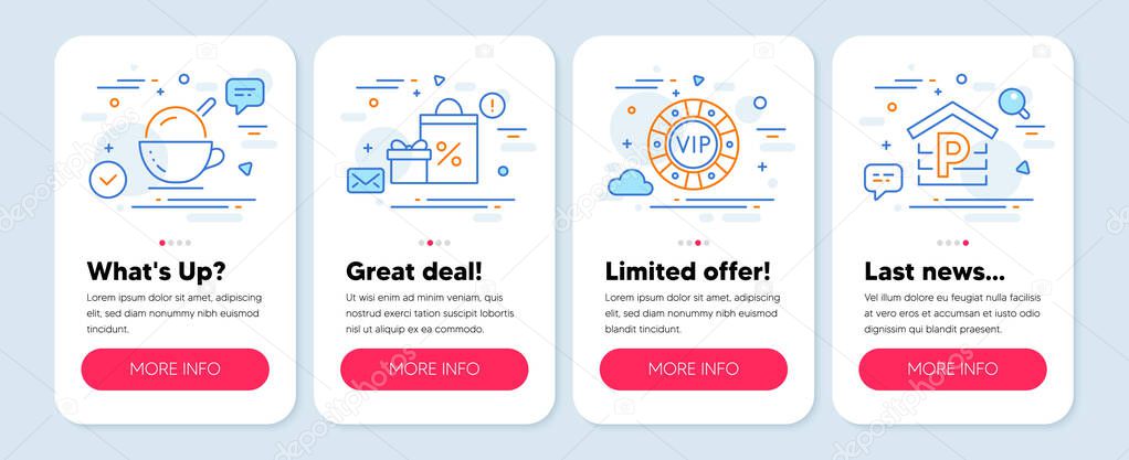 Set of Business icons, such as Ice cream, Shopping, Vip chip symbols. Mobile app mockup banners. Parking line icons. Coffee cup, Gifts and sales, Online casino. Garage. Ice cream icons. Vector