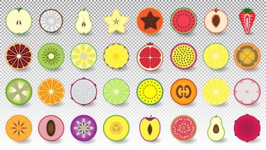 Set simgeleri taze ve renkli meyve ve çilek yarıya, izole, Apple, Hindistan cevizi, armut, carambola, papaya, karpuz, şeftali, çilek, mandalina, kivi, nefesi, ananas, kireç ve diğerleri