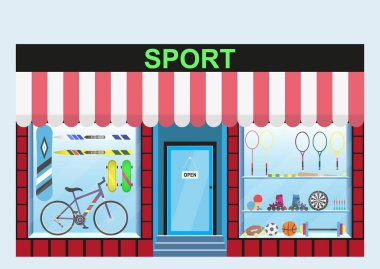 Sports shop. Shop window, range of products such as bicycles, skis, barbells, dumbbells, skateboards, rackets, balls, Darts and others. clipart