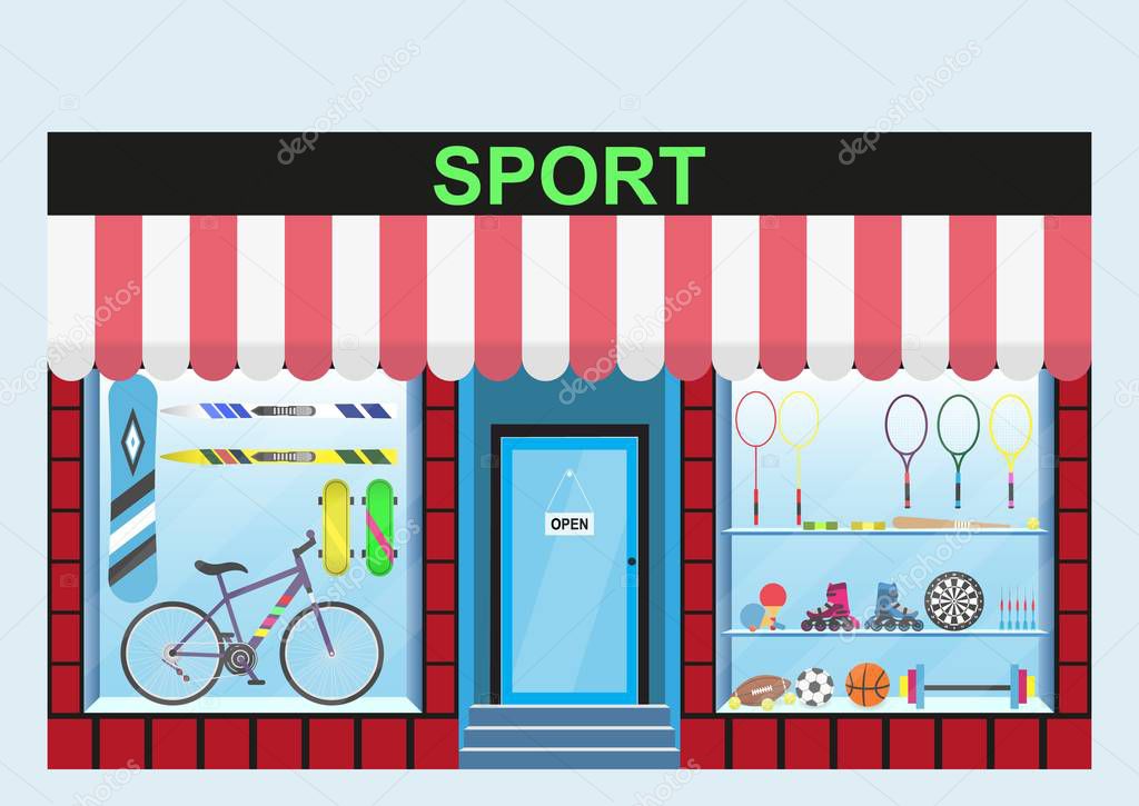 Sports shop. Shop window, range of products such as bicycles, skis, barbells, dumbbells, skateboards, rackets, balls, Darts and others.