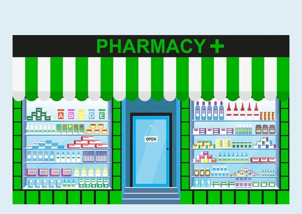 Farmácia Prateleiras Com Uma Grande Variedade Medicamentos Design Loja Ilustração —  Vetores de Stock