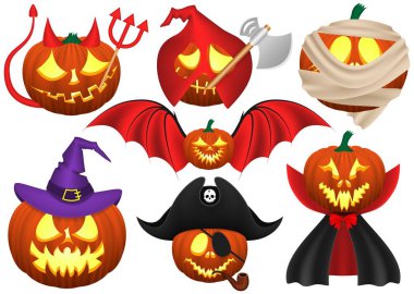 Cadılar Bayramı, süslü elbiseli kabaklar, beyaz arka planda izole edilmiş.