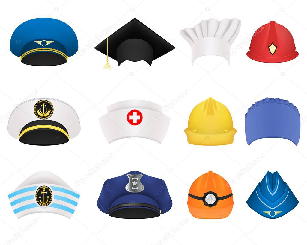 Hats and helmets of different professions. A set of twelve items. Realistic vector isolated on white background.