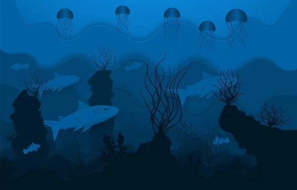 Mundo Submarino Estilo Papel Kraft Vida Submarina Peces Algas Aguas — Vector de stock