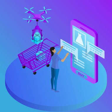 Mobil online alışveriş, satın alınan mallar ile ürün incelemeleri sepeti, teslimat. Isometrik iş konsepti çevrimiçi.