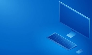 Kişisel bir bilgisayarın izometrik görünümü. Mavi arka plan. Bilgi veya metin için boş alan.