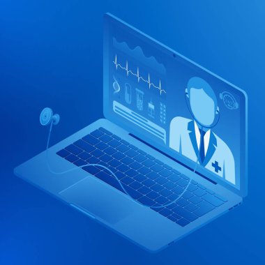 Doktor çevrimiçi. Bilgisayar ekranında tıbbi konsültasyon. Steteskopla sağlık kontrolü. Testler, kardiyogram. Internet üzerinden doktor ile uzaktan iletişim. Biyometrik illüstrasyon. Vektör