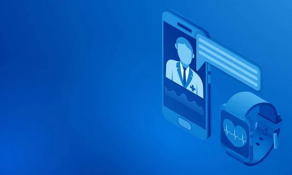 スマートフォンの画面で医療相談 脈拍の診断のためのスマートなブレスレット インターネットを介して医師との相談 アイソメイラストレーション ベクトル — ストックベクタ