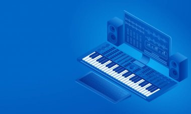 Kayıt stüdyosu. Bilgisayar ekranında kayıt ve düzenleme. Müzik synthesizer, bilgisayar, hoparlörler. İzometrik çizim.