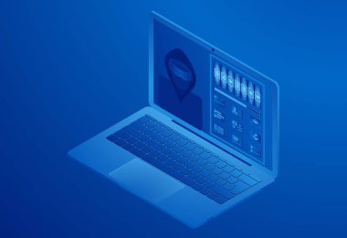 Bir bilgisayar hacker tarafından hacklenmiş, Kullanıcı verilerini çalmak, şifre tahmin etmek, bir anahtar toplamak, belge kopyalama süreci ve gizli bilgiler. İzometrik vektör.