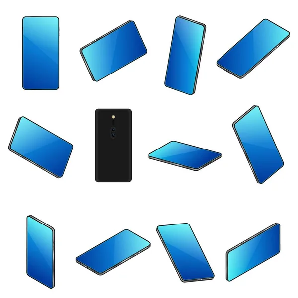黒いスマートフォン 12の視点のセット リアルな3Dビュー 白い背景に隔離 — ストックベクタ