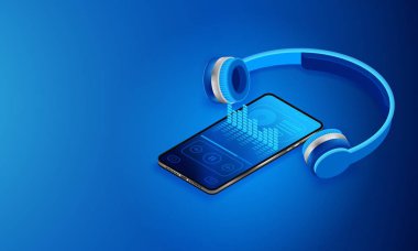 Music media player in smartphone. The interface of the program to play music. Modern silver phone and wireless headphones. Realistic 3D isometric illustration. clipart