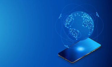 Küresel Internet. Uzay teknolojilerini kullanarak ağa erişim. Uzay yörüngesindeki uydular tarafından sinyalin yeniden iletimi. Mavi fütüristik arka plan.