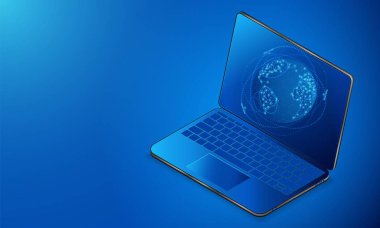 Uzay teknolojisi. Yörüngesel iletişim uyduları üzerinden hızlı internet erişimi. Mavi fütüristik arka plan illüstrasyon.