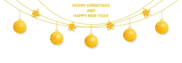 Gold Christmas Decorations Shiny Balls Christmas Stars Hanging Chains Design — Stock Vector