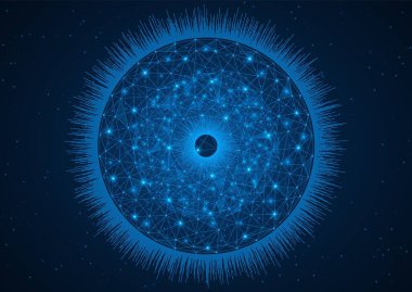 Siber göz. Birbirine bağlı parçacıklar zinciri. Geleceğin teknolojileri kavramı. Tarama ve tanımlama işlemi. Çokgen modeli. Mavi arkaplan.