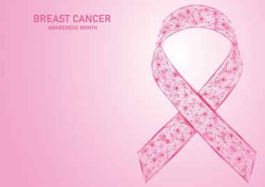 Çokgen pembe kurdele. Göğüs kanseri farkındalığı ayı. Bağlı çizgi ve noktaların inşası.