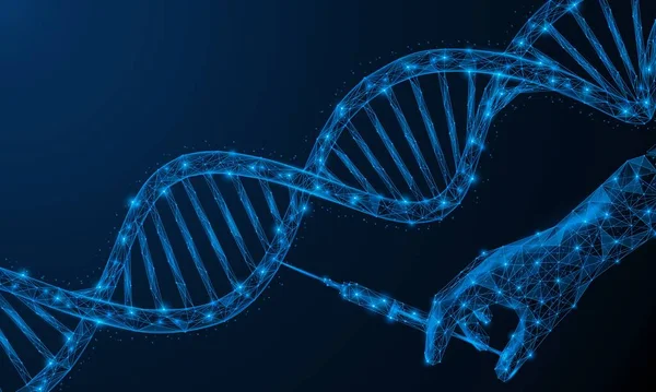 Dna細胞の遺伝子治療 生物のゲノムの研究の変化 注射器とらせん状の染色体を持つヒトの手の低ポリデザイン 青の背景 — ストックベクタ