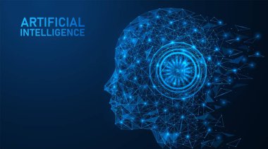 Yapay zeka. Parçacıklardan ve parçalardan oluşan bir sistem insansı bir robot oluşturur. Sayborgun düşük polimerli tasarımı. Mavi arkaplan.