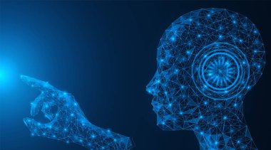 Düşük seviyeli bir insansı robot. Bir ışık noktasına dokun. Yapay zeka. Mavi arkaplan.