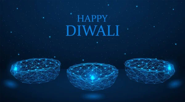 Happy Diwali Diya Lamps Lit Night Starry Sky Low Poly — Stock Vector
