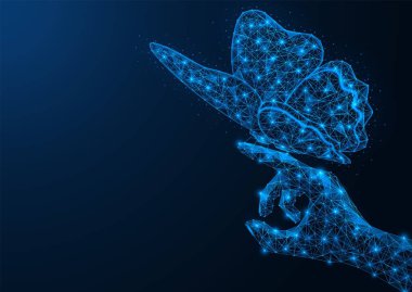 Parmağında kelebek olan bir adamın eli. Birleştirilmiş çizgi ve noktaların çokgen tasarımı. Mavi arkaplan.