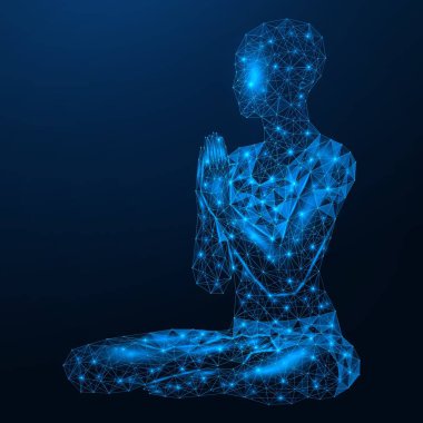 Meditasyon. Lotus pozisyonunda yoga yapan bir kızın silueti. Sağlıklı yaşam tarzı kavramı. Düşük-polyester insan tasarımı. Mavi arkaplan.