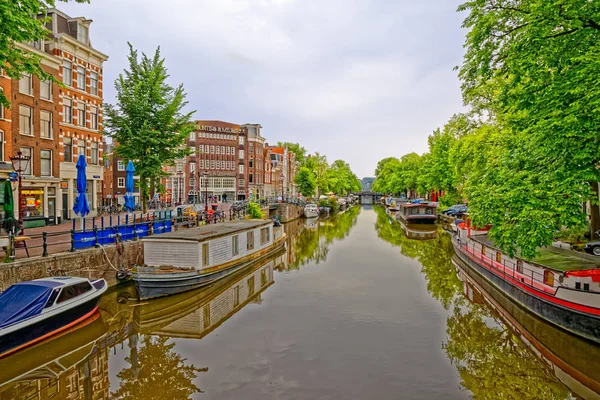 Amsterdamse groene bomen reflectie in rivier kanaal — Stockfoto