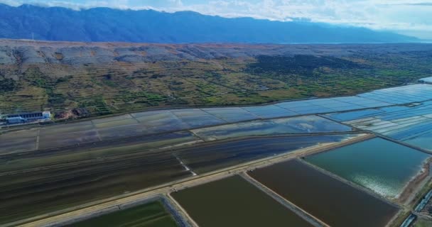 Aerial panorama of the historical saltern on island Pag — Stock Video