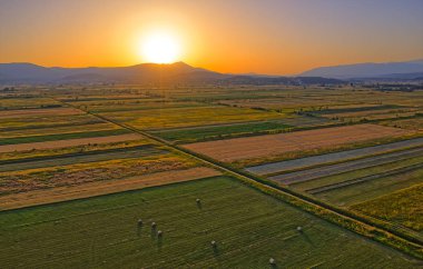 Hırvatistan 'ın kırsal kesiminde Sinj yakınlarındaki saman balyalarının hava manzarası