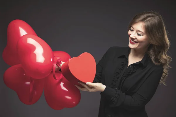 Beautiful Young Woman Heart Shape Air Balloon Black Background Valentine — Stock Photo, Image