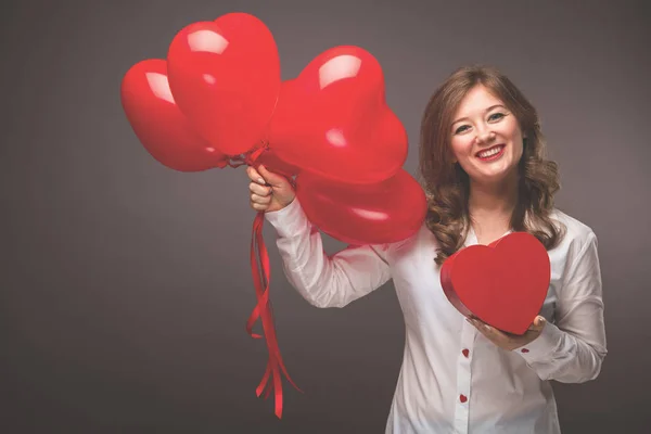 Beautiful Young Woman Heart Shape Air Balloon Black Background Valentine — Stock Photo, Image