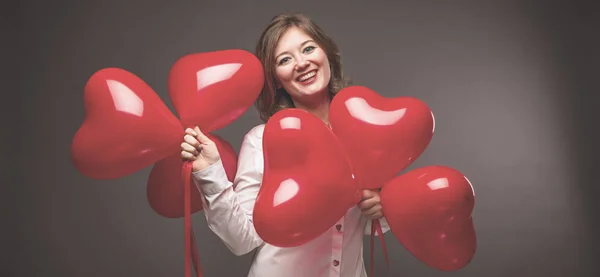 Beautiful Young Woman Heart Shape Air Balloon Black Background Valentine — Stock Photo, Image