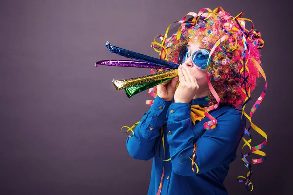 Portrait Beautiful Party Woman Wig Glasses Carneval — Stock Photo, Image