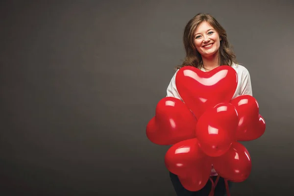 Beautiful Young Woman Heart Shape Air Balloon Black Background Valentine — Stock Photo, Image