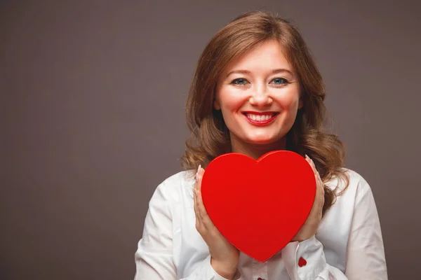 Beautiful Young Woman Heart Shape Air Balloon Black Background Valentine — Stock Photo, Image