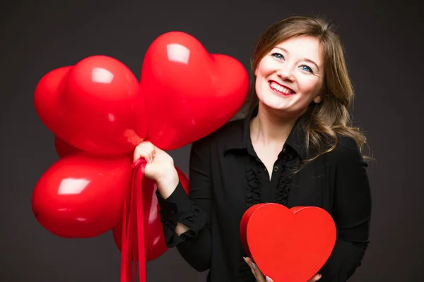 Beautiful Young Woman Heart Shape Air Balloon Black Background Valentine — Stock Photo, Image