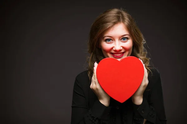 Beautiful Young Woman Heart Shape Air Balloon Black Background Valentine — Stock Photo, Image